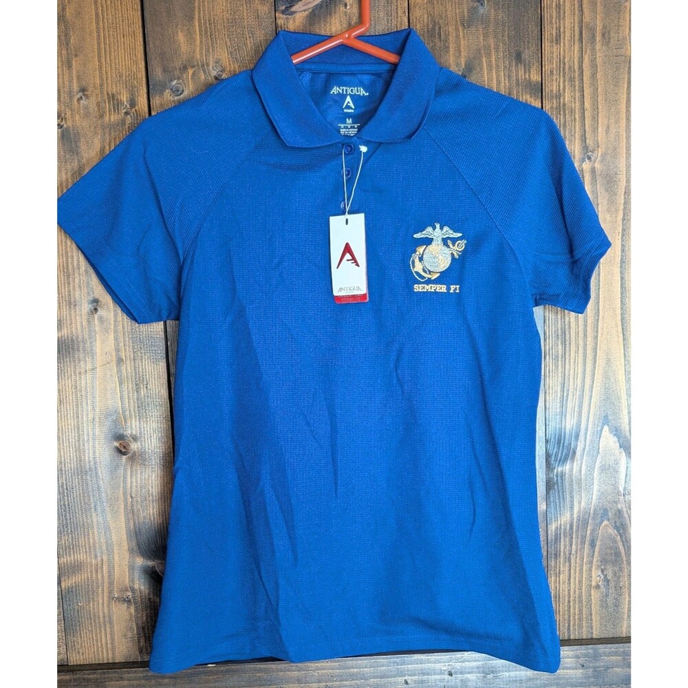 NWT Antigua Womens Medium Blue USMC Marine Corps Semper Fi Polo Shirt Golf